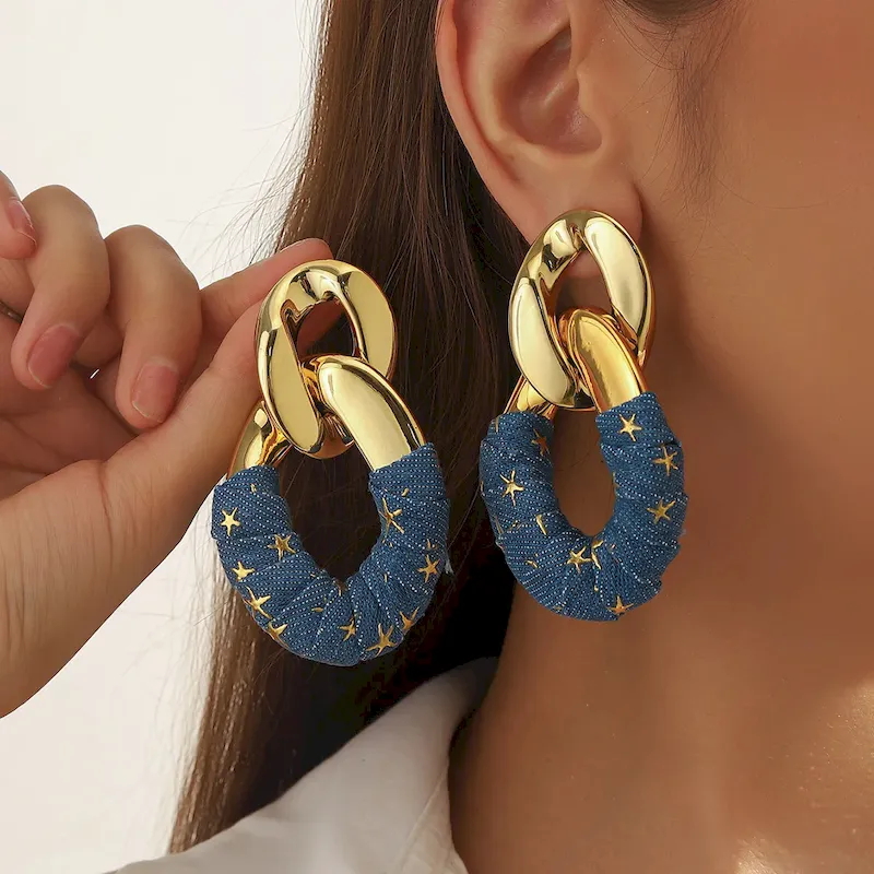 Wholesale Women Fashion Exaggerated Pleated Oval Faux Leather Wrap Denim Earrings - Image 16