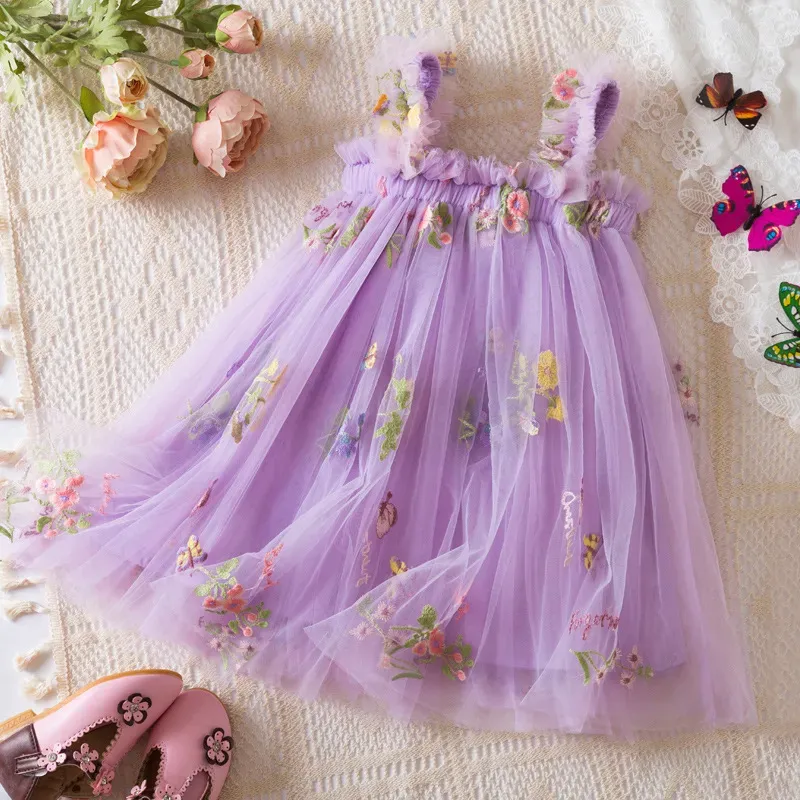 Wholesale Kids Girls Fashion Elegant Floral Embroidered Butterfly Mesh Flying Sleeve Dress - Image 13