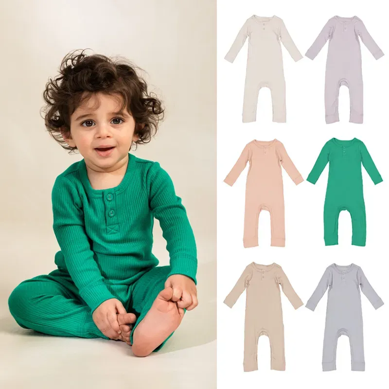 Wholesale Kids Baby Boys Girls Casual Cute Solid Color Rib-Knit Long Sleeve Romper