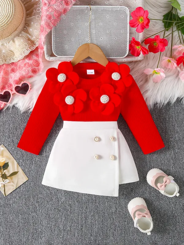 Wholesale Baby Girl'S Fashion Cute Flower Decoration Long-Sleeve Top Buckle Irregular Skirt Two-Piece Set - Image 3
