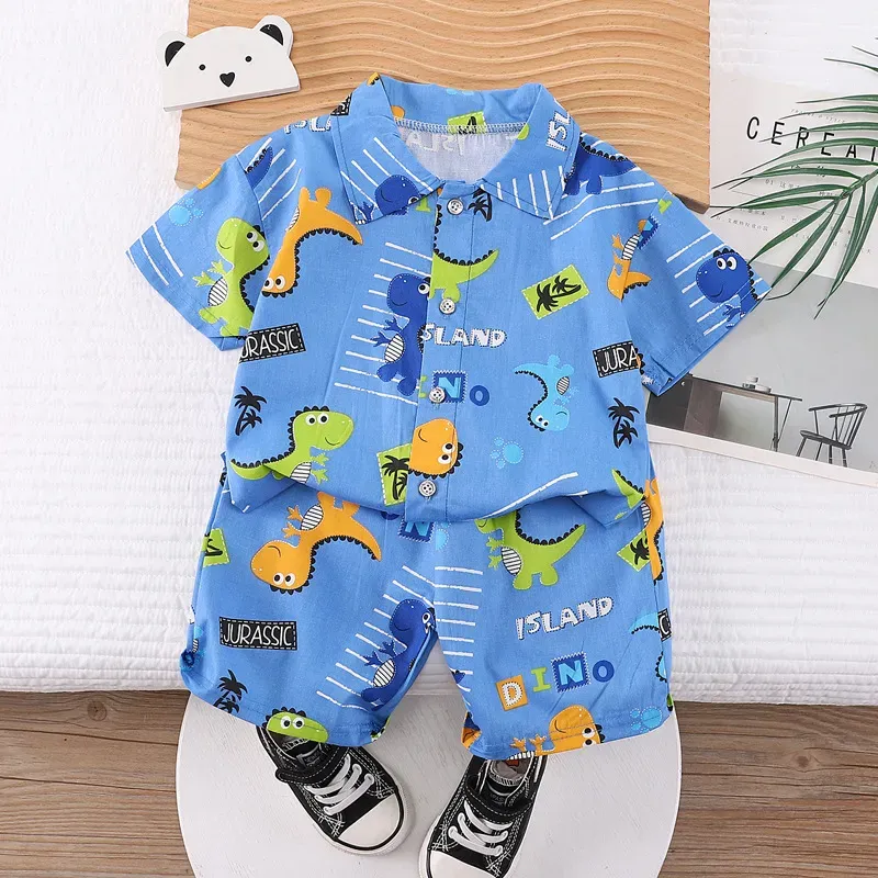 Wholesale Kids Baby Boys Casual Cute Cartoon Print Short Sleeve Lapel Shirt Shorts Sets - Image 23