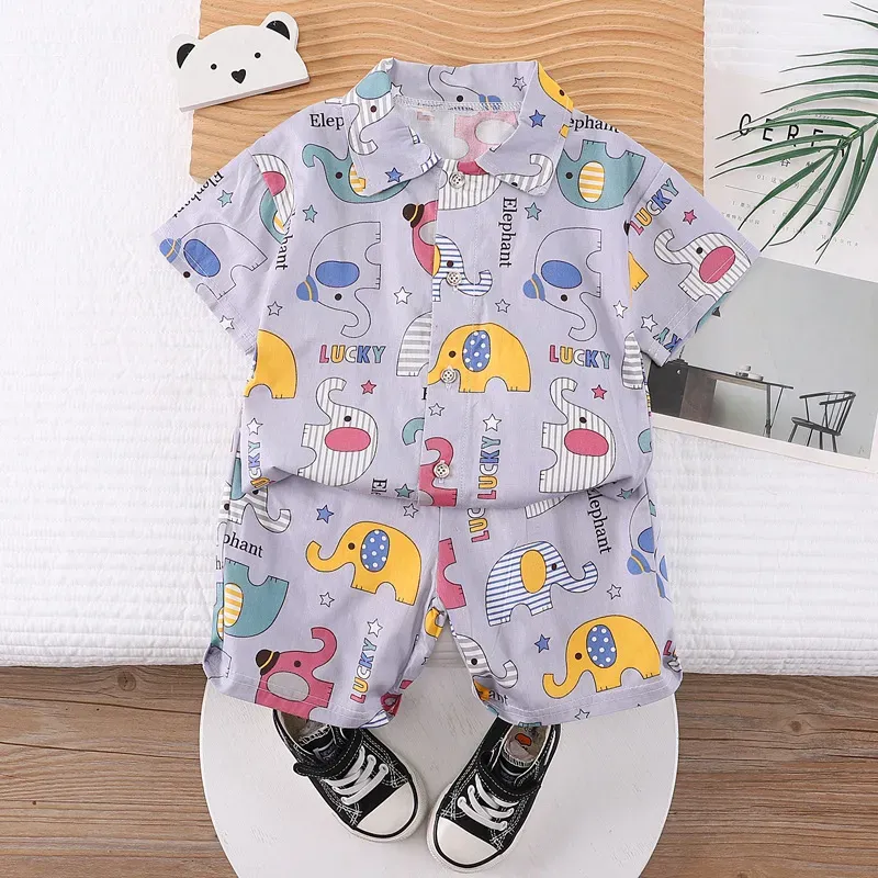 Wholesale Kids Baby Boys Casual Cute Cartoon Print Short Sleeve Lapel Shirt Shorts Sets - Image 21