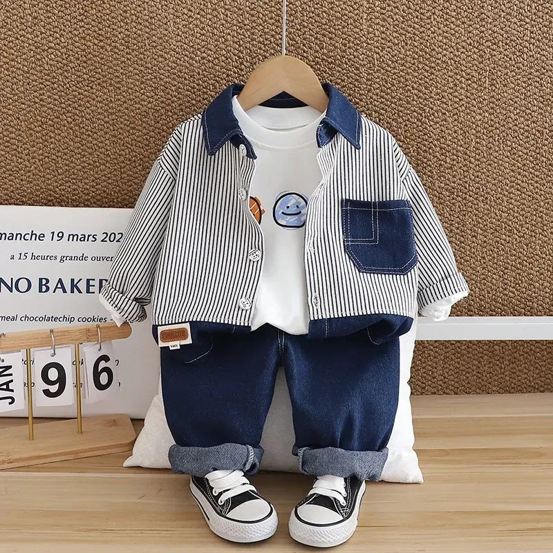 Wholesale Kids Toddler Boys Fashion Casual Smiley Print Long Sleeve T-Shirt Stripe Long Sleeve Shirt Jeans Three-Piece Set - Image 7