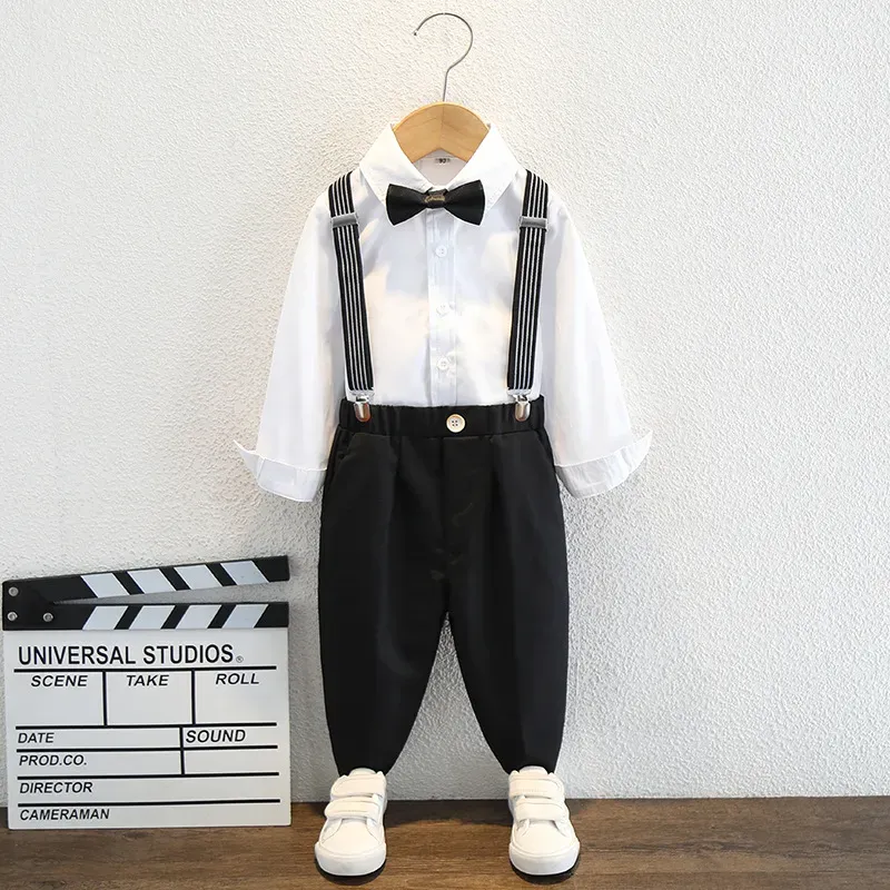 Wholesale Kids Toddler Big Boys Spring Autumn Fashion Casual British Style Bow Shirt Suspender Trousers Party Clothing Set - Image 8
