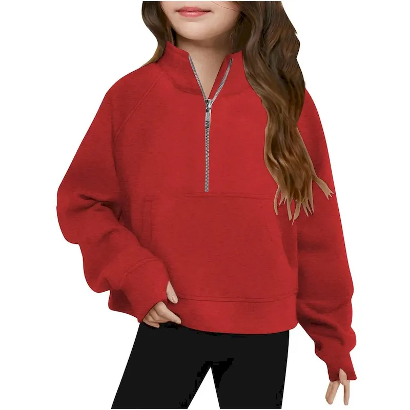 Wholesale Kids Girls' Fashion Casual Autumn Solid Color Half-Zipper Long-Sleeve Loose Sweatshirt - Image 23