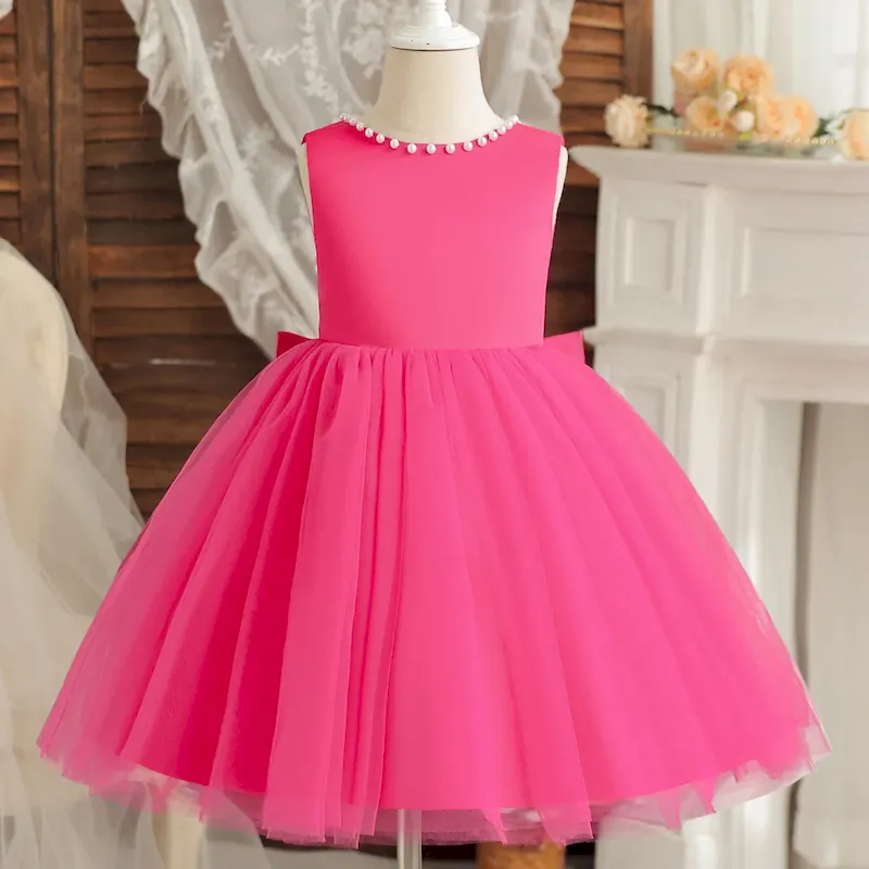 Wholesale Kids Girl'S Fashion Elegant Solid Color Pearl Decoration Bowknot Fluffy Backless Party Princess Dress - Image 4