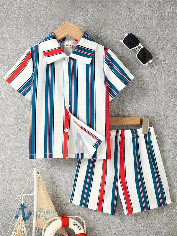 Wholesale Boys Fashion Casual Vacation Printed Short-Sleeve Blouse Loose Shorts Two-Piece Set - Image 35