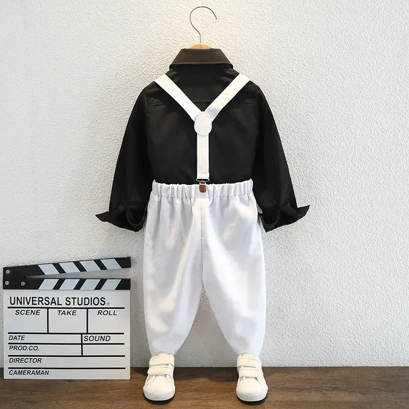 Wholesale Kids Toddler Big Boys Spring Autumn Fashion Casual British Style Bow Shirt Suspender Trousers Party Clothing Set - Image 6