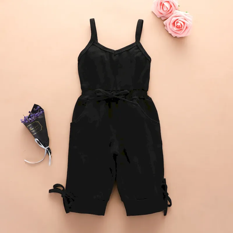 Wholesale Kids Baby Girls' Fashion Casual Solid Color Cotton Sleeveless Lace-Up Jumpsuit - Image 3