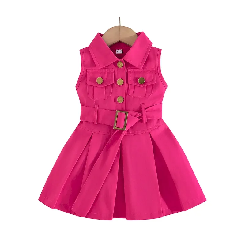 Wholesale Kids Girl Fashion Casual Solid Color Lapel Sleeveless Pockets Belt Dress - Image 5