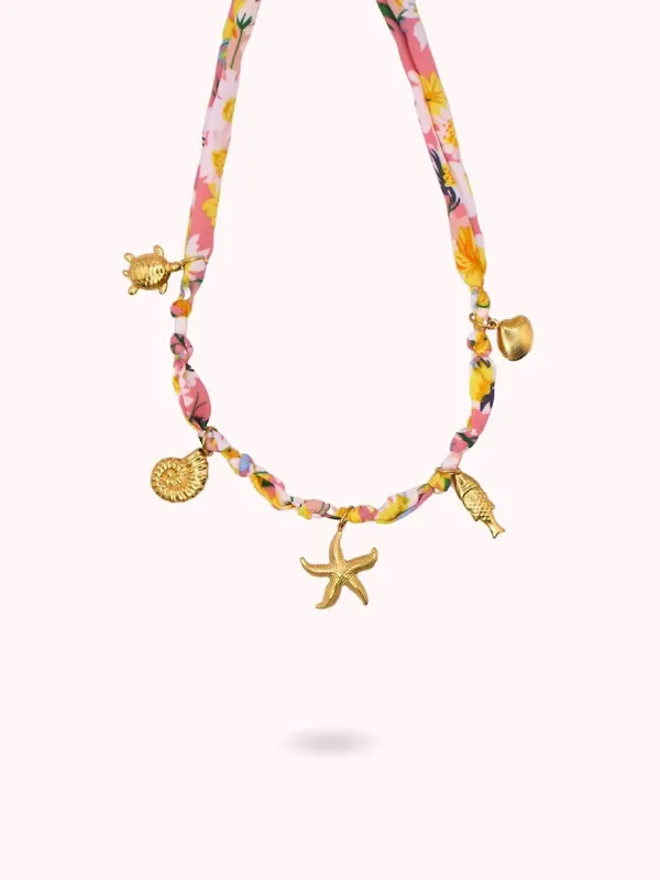 Wholesale Beach Series Marine Life Multicolor Floral Shell Pendant Ribbon Cloth Strip Necklace - Image 7