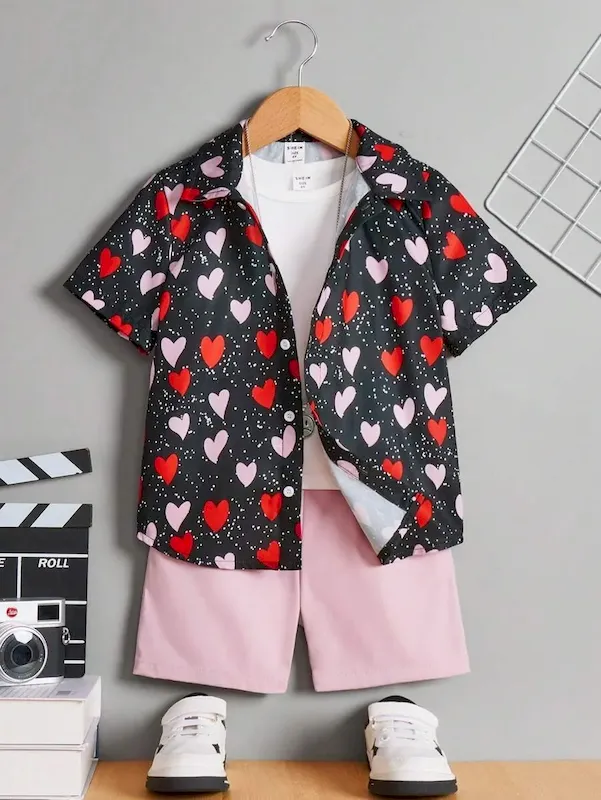 Wholesale Boys' Fashion Heart Print Short Sleeve Shirt And Shorts Two-Piece Set - Image 7