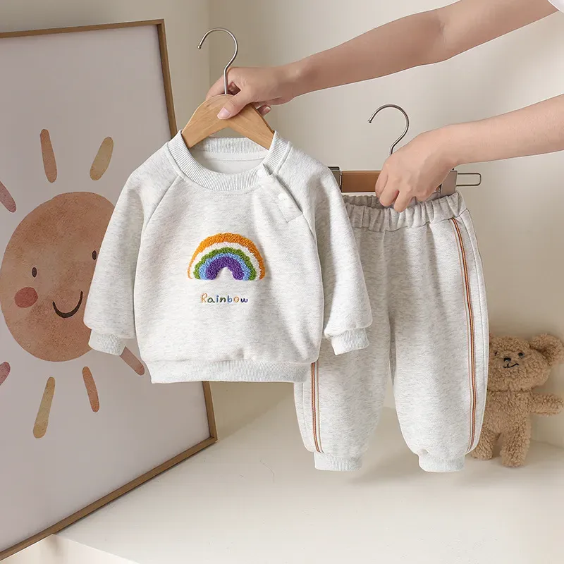 Wholesale Kids Baby Boys And Girls Fashion Autumn Rainbow Round-Neck Long-Sleeve Sweatshirt Loose Pants Two-Piece Set - Image 6
