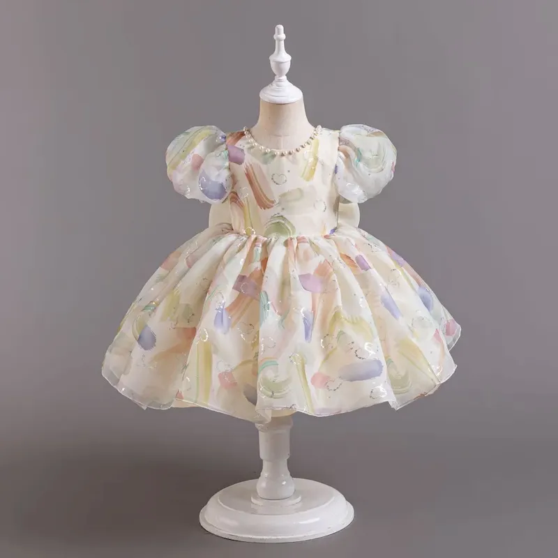 Wholesale Kids Girls' Fashion Cute Mesh Puff Sleeve Bowknot Dress