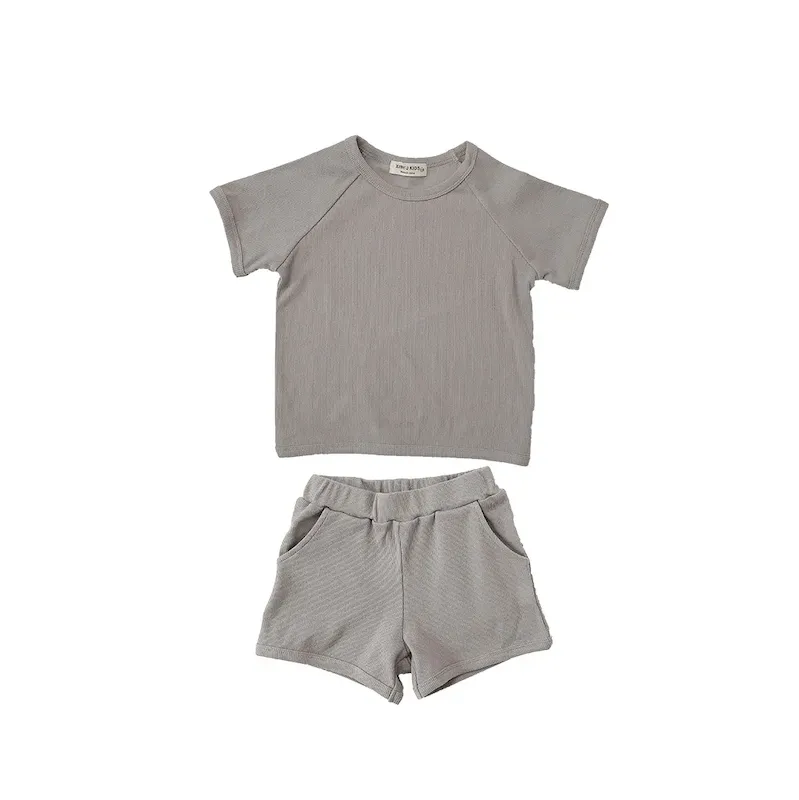 Wholesale Kids Baby Boys Girls Casual Cute Solid Color Rib-Knit Short Sleeve T-Shirt Shorts Set - Image 12